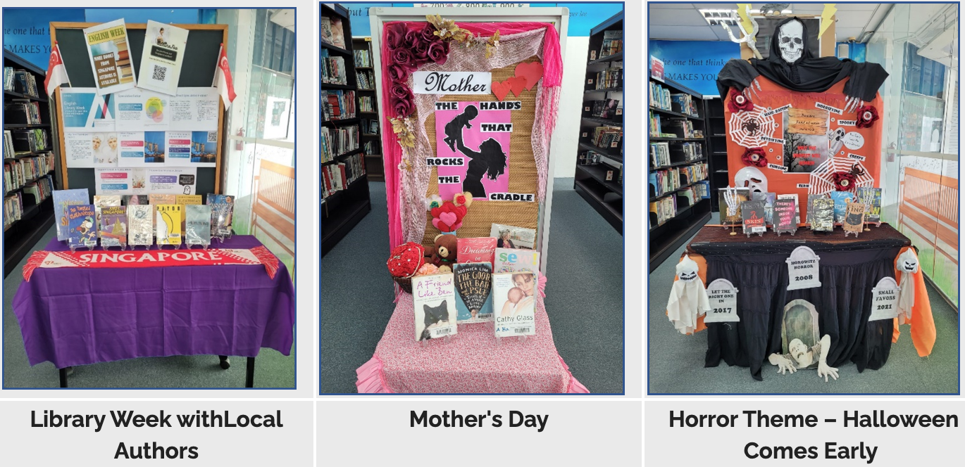 Three library book displays: Singapore authors, a pink Mother's Day board, and a Halloween horror theme with skeleton decor.